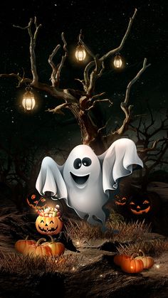 an image of a halloween scene with ghost and pumpkins