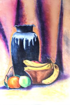 a painting of bananas, apples and a black vase on a table with other items