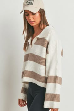 A new favorite is in - Shop the Stripe Drop Shoulder with Wide Collar Sweater. A perfect blend of comfort and style! This trendy sweater features eye-catching stripes and a chic wide collar, making a bold statement effortlessly. Here's The Details: ❥ Color: Taupe ❥ Striped pullover sweater ❥ Wide collar ❥ Designed with a relaxed drop shoulder for laid-back elegance ❥ Wide long sleeves ❥ V-neckline ❥ This sweater keeps you cozy and fashionable all day long. ❥ Crafted from high-quality materials, Cute Fall Sweaters, Preppy Fall Fashion, Sweaters For Fall, Aesthetic Sweaters, Trendy Sweater, Collared Sweater, Preppy Sweater, Striped Pullover, Trendy Sweaters