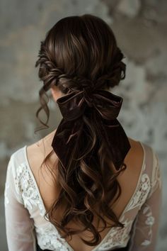 Pretty Long Brown Hair, Braids Brunette Hair, Hairstyles For Wrap Dress, Colors That Look Good With Brown Hair Clothes, Cute Hairstyles For Dark Brown Hair, Elegant Women Hairstyles, Bridesmaid Hair Bow, Vintage Inspired Hairstyles, Dark Brown Wedding Hair