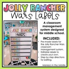 a classroom poster with the name jolly rancher wars labels on it, and an image of