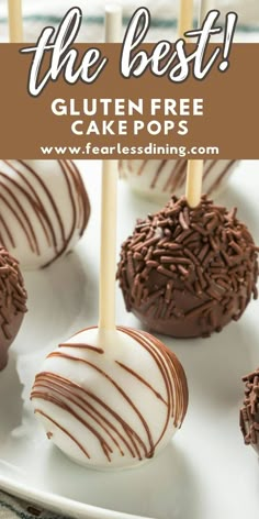 chocolate covered cake pops on a plate with the words, the best gluten free cake pops