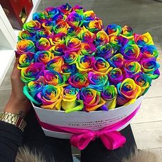 a person holding a large bouquet of multicolored roses