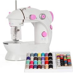 a white sewing machine with lots of colored crayons next to it