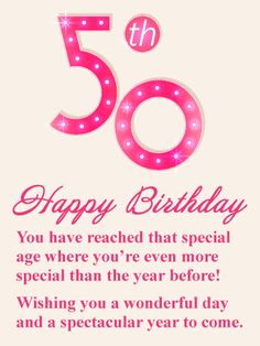 a pink birthday card with the number fifty on it