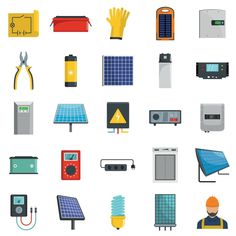 various types of electrical equipment are shown in this flat icon set on a white background