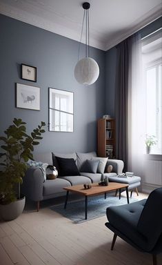 a living room with blue walls and furniture