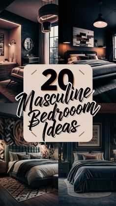 some black and white pictures with the words 20 masculine bedroom ideas