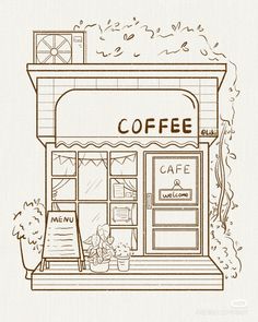 a drawing of a coffee shop on the side of a building with an open door