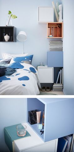 two pictures of a bedroom with blue walls and white furniture