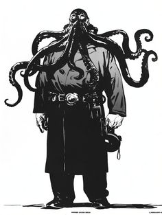 an octopus is standing in front of a man wearing a hat and coat with his hands on his hips