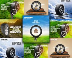 four different ads for tires with mountains in the background