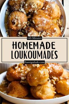 homemade loukoumades in a white bowl on top of a wooden table with text overlay