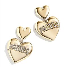 Add some San Diego Padres glamour to your outfits with these Heart Statement drop earrings. BaubleBar and WEAR by Erin Andrews collaborated to create this double-heart design in glossy, gold-plated brass and the team name in shimmering glass stones. The post back helps give these San Diego Padres earrings a secure fit. Post back Imported Glass stones Material: 80% Brass/15% Glass/3% Titanium/2% CZ Gold-plated brass Wipe clean with a damp cloth Officially licensed Measures approx. 2" Brand: WEAR Astros Earrings, Andrew Gold, Erin Andrews, Statement Drop Earrings, Perfume Gift Sets, San Diego Padres, Double Heart, Earrings In Gold, Team Name