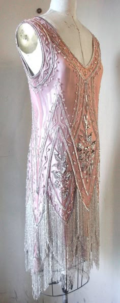 Beaded Flapper Dress, Beaded Chiffon, Pink And Silver, Vintage Gowns, Antique Clothing