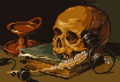 a pixellated image of a human skull and an animal's head on a table