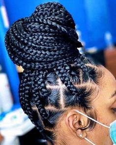 Big Box Braids In A Bun, Big Box Braids Hairstyles Updo, Braid Hairstyles For Natural Black Hair, Box Braids For Black Women Medium, Braid Buns Hairstyles For Black Women, Four Braids Hairstyles Black Women, Jumbo Box Braids In A Bun, Cool Cornrows For Black Women, 2023 Knotless Braid Styles