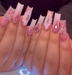 Pink Bling Nails, Mexican Nails, Nails Design With Rhinestones, Girly Acrylic Nails, French Acrylic Nails, Acrylic Nails Coffin Pink, Unique Acrylic Nails