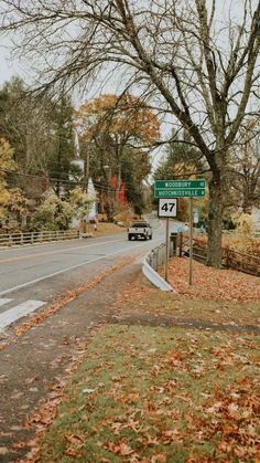 a street sign on the side of a road with trees in the background and leaves all over the ground