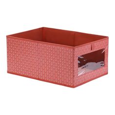 a pink storage box with an open window on the front and bottom, filled with plastic material