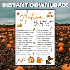 an autumn bucket list with pumpkins in the background