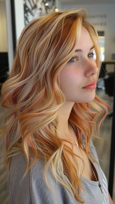 Hair Color Ideas Red Blonde, Beautiful Hair Colors Ideas, Red And Blonde Hair Natural, Long Hair Color Blonde, Red And Platinum Hair Highlights, Blonde With Red Balayage, Blonde With Strawberry Highlights, Natural Red Hair With Pink Highlights, Blonde With Ginger Lowlights