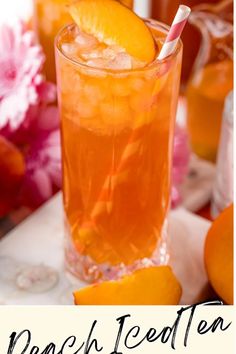 Glass of peach iced tea with a straw and peach for garnish. Peach Simple Syrup, Tea Mixes, Cranberry Lemonade, Iced Tea Recipes Homemade, Peach Green Tea, Iced Tea Lemonade