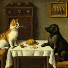 Cat and Dog Sitting at A Table Eating Bread Painting Art Print Bread Painting, Friends Enjoying, Dog Kitchen, Bread Art, Cat And Dog, Paintings Art Prints, Dog Sitting, Side By Side, Home Decor Styles