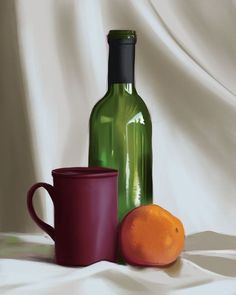 two oranges and a green bottle on a white cloth