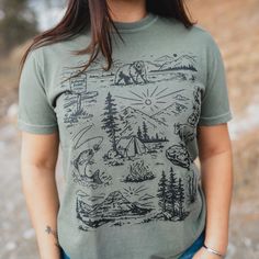 National Forest Unisex Tee - Moss - The Montana Scene Outdoorsy Mom Style, Granola Girl, Laid Back Style, National Forest, Shirt Ideas, News Design, Store Fronts, The National, Original Design