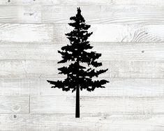 a black and white silhouette of a pine tree on a wooden background with planks