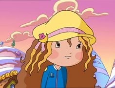 a cartoon girl with long hair wearing a yellow hat and blue jacket, standing in front of a snowy landscape