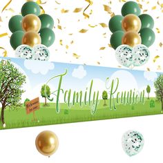 a family reunion banner with balloons and confetti