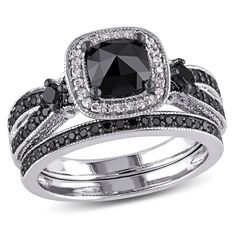 black and white diamond engagement ring set