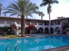 an outdoor swimming pool with lounge chairs and palm trees in front of the hotel building