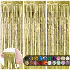 PRICES MAY VARY. Extra Large 9.9X8.2 FEET: This package contain pack of 3 champagne gold Foil Fringe Curtain, each is 3.3ft x 8.2ft. The attractive backdrop curtain is suitable for hanging decorations for windows, walls, and ceilings. Easy to Assemble: This champagne gold party wire curtain has a strip of tape on the back of the background, making it easy to hang the Champagne Gold colored tassel curtain on the wall. Champagne Gold tinsel fringe curtain decoration can keep hanging for several da Gold Fringe Backdrop, Hosting Christmas Party, Streamer Decorations, Party Curtain, Foil Fringe Curtain, Champagne Gold Color, Backdrop Curtains, Foil Curtain, Birthday Women