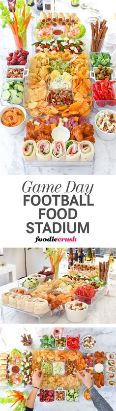 a table full of food with the words game day football stadium written on it