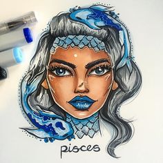 a drawing of a woman's face with the word pisces on it