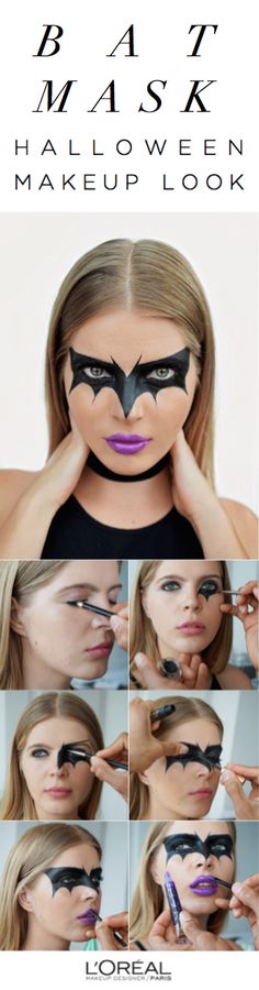 Celebrity makeup artist Sir John's bat-mask Halloween makeup. Get the look: 1. Line eyes with Silkissime Black. 2. Create a bat shape and fill in with Lacquer liner in Black. 3. Apply Voluminous Carbon Black Mascara to lashes and brows. 4. Apply shade #7 of La Palette Lip kit in Plum to lips. 5. Top with a coat of Le Gloss in Plum Rush. Cat Makeup Halloween Kids, Bat Makeup, Perfect Makeup Tutorial, Color Contacts For Halloween, Lip Color Palette, Bat Shape, Bat Mask, Cat Makeup Halloween, Lashes And Brows