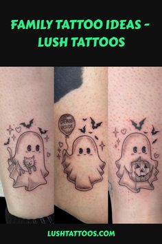 two tattoos with ghost faces and bats on them