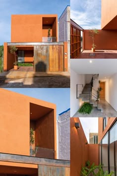 four different views of an orange building with plants in the courtyard and stairs leading up to it