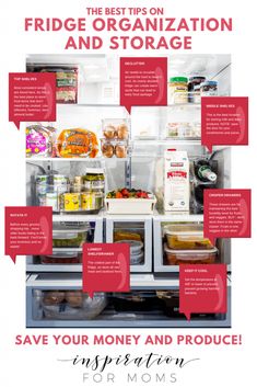 fridge organization and storage tips to save money and produce for moms - info poster