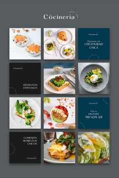 an image of food and drink menus with different images on them, including salad