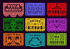 the mexican day of the dead paper cut outs are shown in different colors and designs