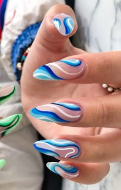 Mama Mia Nail Ideas, Abba Nails Ideas, Abba Nails, Mama Mia Nails, Mamma Mia Nails, Blue Swirl Nails, Patterned Nails, Pig Nails, Line Nails