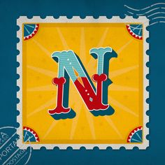 a postage stamp with the letter n in red, blue and yellow letters on it