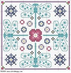 a cross - stitch pattern with flowers and stars on the border, in blue and pink