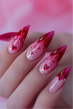 Hot Pink And Red Nails, Stiletto Nails Designs, Glow Nails, Blush Nails, Bright Nails, Manicure Ideas, Nail Designs Glitter