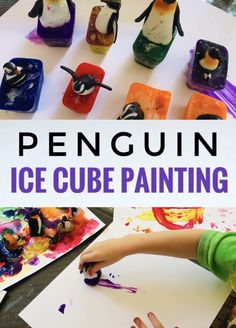 the penguin ice cube painting is an easy art project for kids to do with their hands