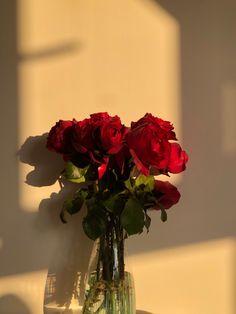 a vase filled with red roses sitting on top of a table next to a wall